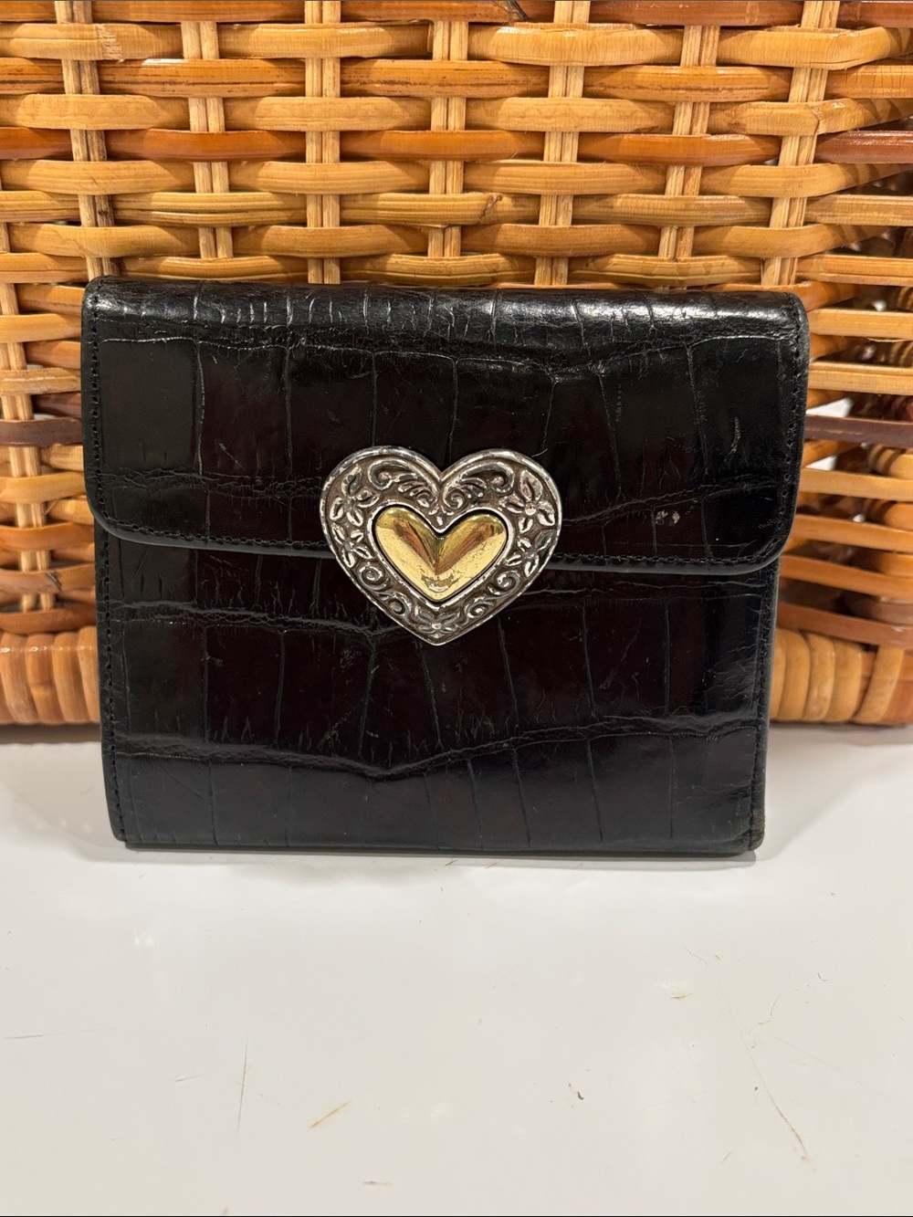 Vintage Brighton Small Black Croc Embossed Leather Wallet with Heart Lock
